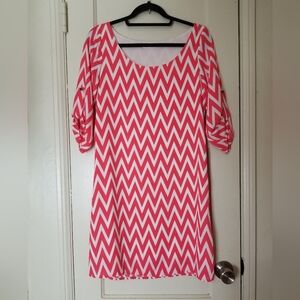 LUXE orange white chevron print 3/4  roll sleeve lined dress